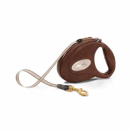 Flexi Leather - Луксозен автоматичен повод за кучета до 25 кг, обшит с естествена козя кожа, 5 метра лента - кафяв